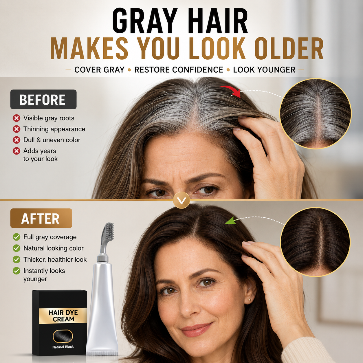 Visible gray roots before and darker-looking roots after use