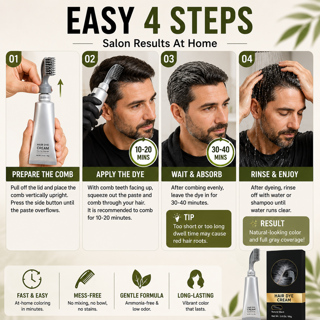 Four steps for applying gray hair dye comb