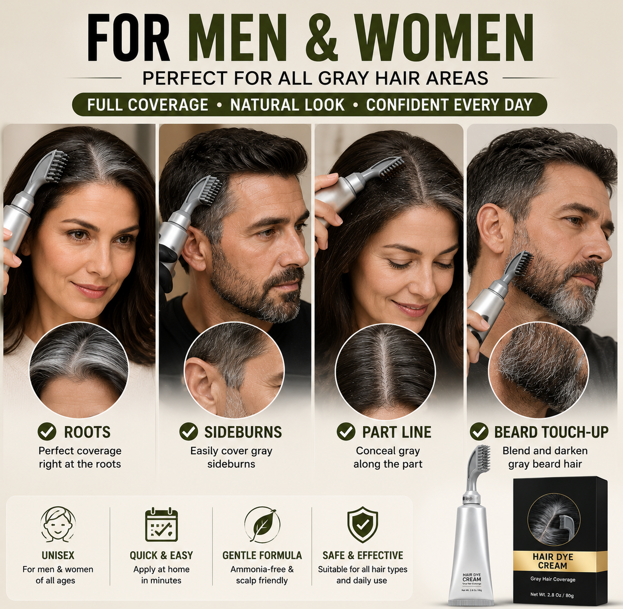 Gray hair comb used on roots, sideburns, part line and beard