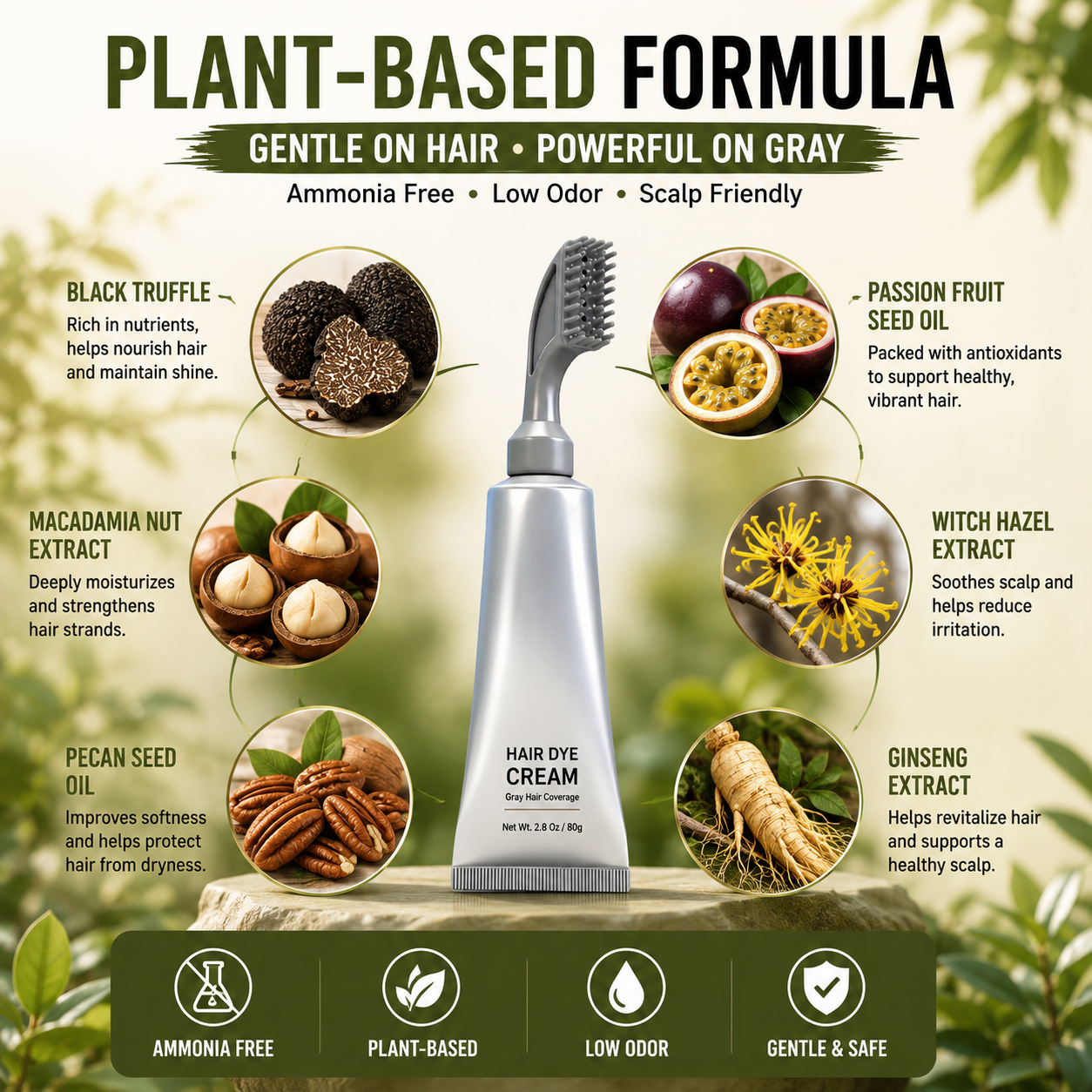 Plant-based ingredients displayed around gray hair dye comb