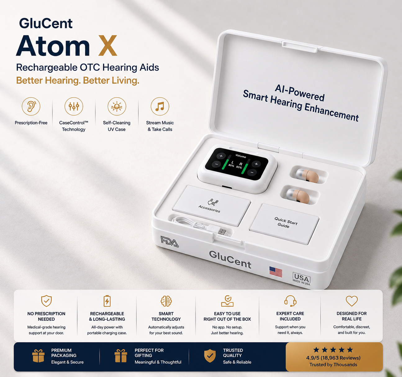 Atom X rechargeable hearing aids with touch-control charging case