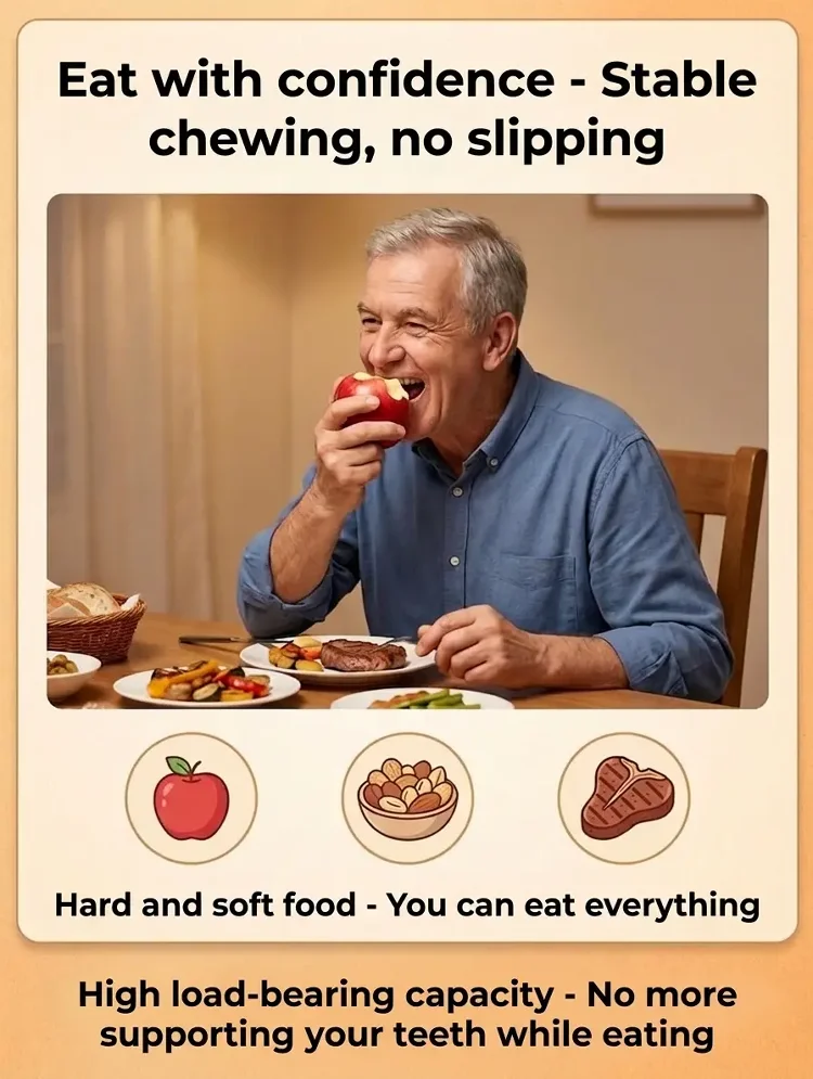 Adult wearing removable dentures while eating at home
