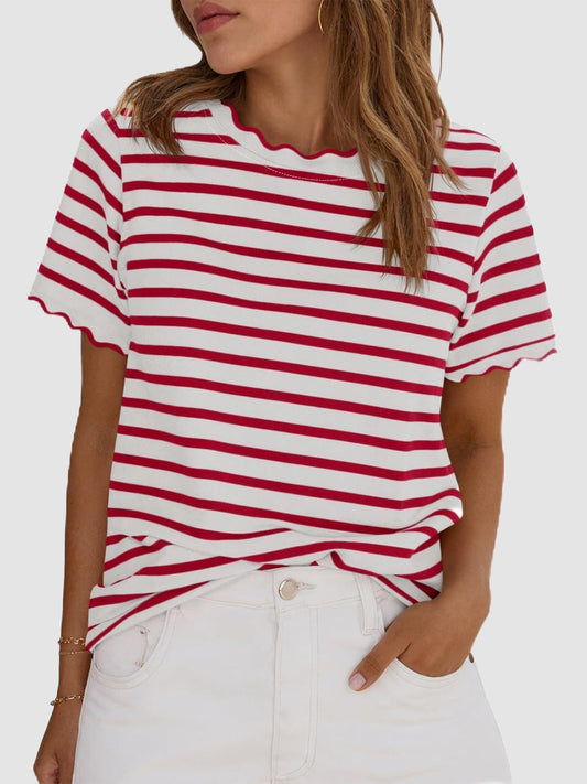 2026 Test Women's Scalloped Crew Neck Striped T-Shirt