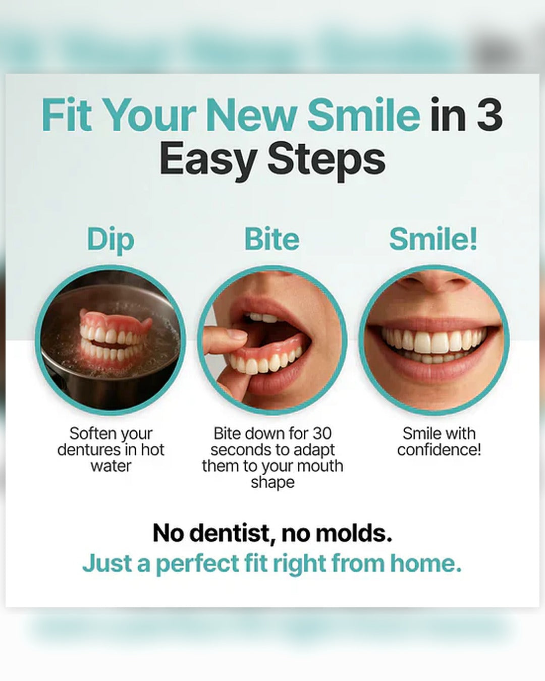 Three-step KLENIMORE fitting guide: dip, bite, and smile